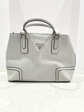 GUESS White Logo-Print Satchel with Silver Hardware